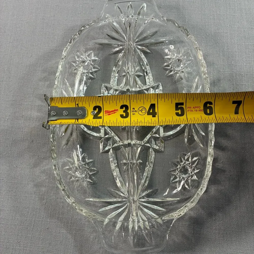 Vintage Clear Cut Glass Relish Tray Oval Handled Serving Dish Candy Nut Bowl
